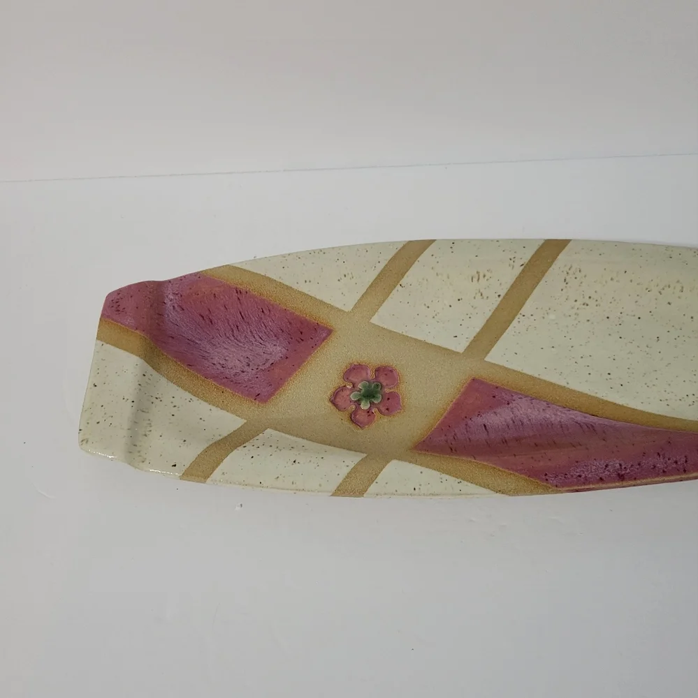 Hand Crafted Art Pottery Trinket Tray Pink Cream Flower Detail